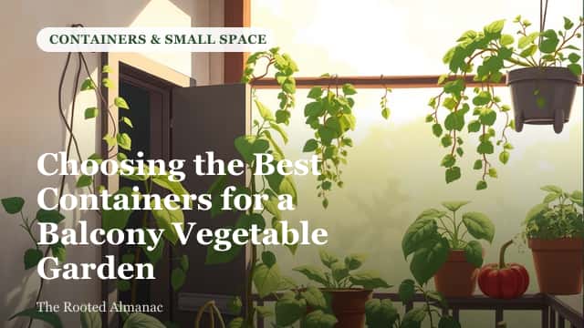A sunny apartment balcony lined with vegetable containers of different sizes and materials