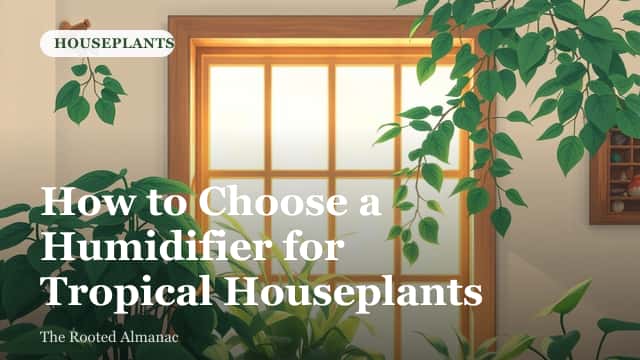 A cool-mist humidifier releasing vapor near a shelf of tropical houseplants