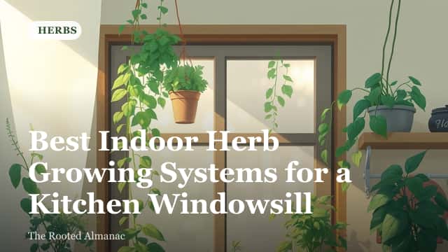 A row of fresh herbs growing in different container types on a sunny kitchen windowsill