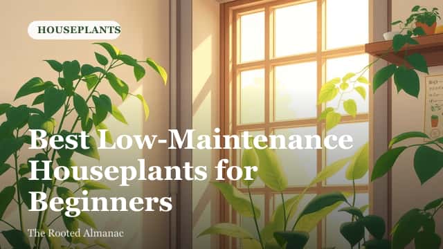 A collection of easy-care houseplants including a snake plant, pothos, and ZZ plant arranged on a shelf near a window