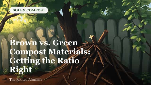 A garden compost bin layered with dried leaves and fresh green kitchen scraps