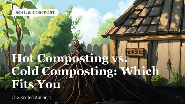 A steaming compost pile next to a quiet backyard leaf pile, showing the contrast between hot and cold composting