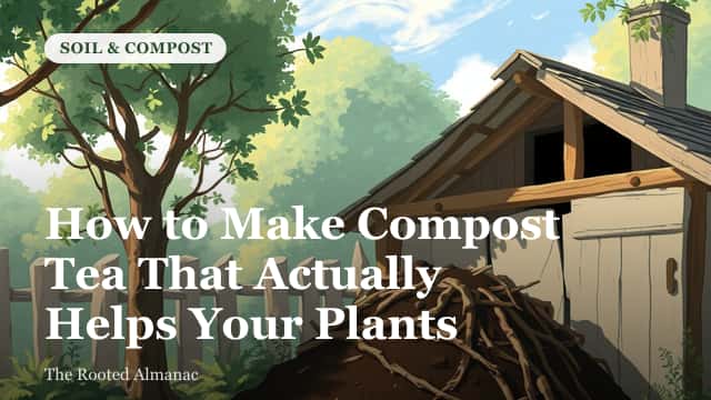 A bucket of dark compost tea being strained into a watering can in a garden