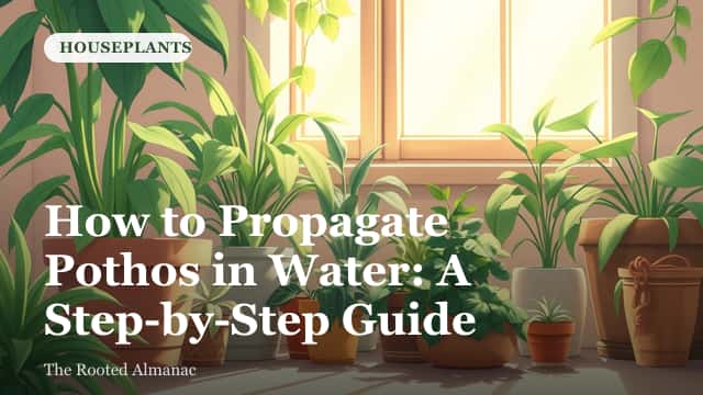 A glass jar of water on a windowsill holding several pothos cuttings with roots growing from the nodes