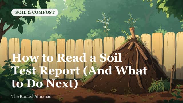 A soil test report printout lying on a wooden table next to a trowel and a small pile of garden soil