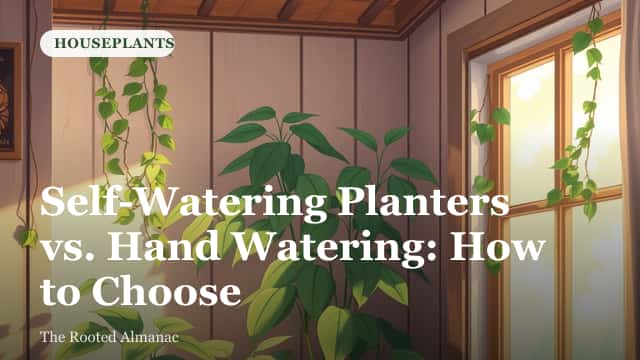 A row of houseplants in self-watering planters next to a watering can on a windowsill
